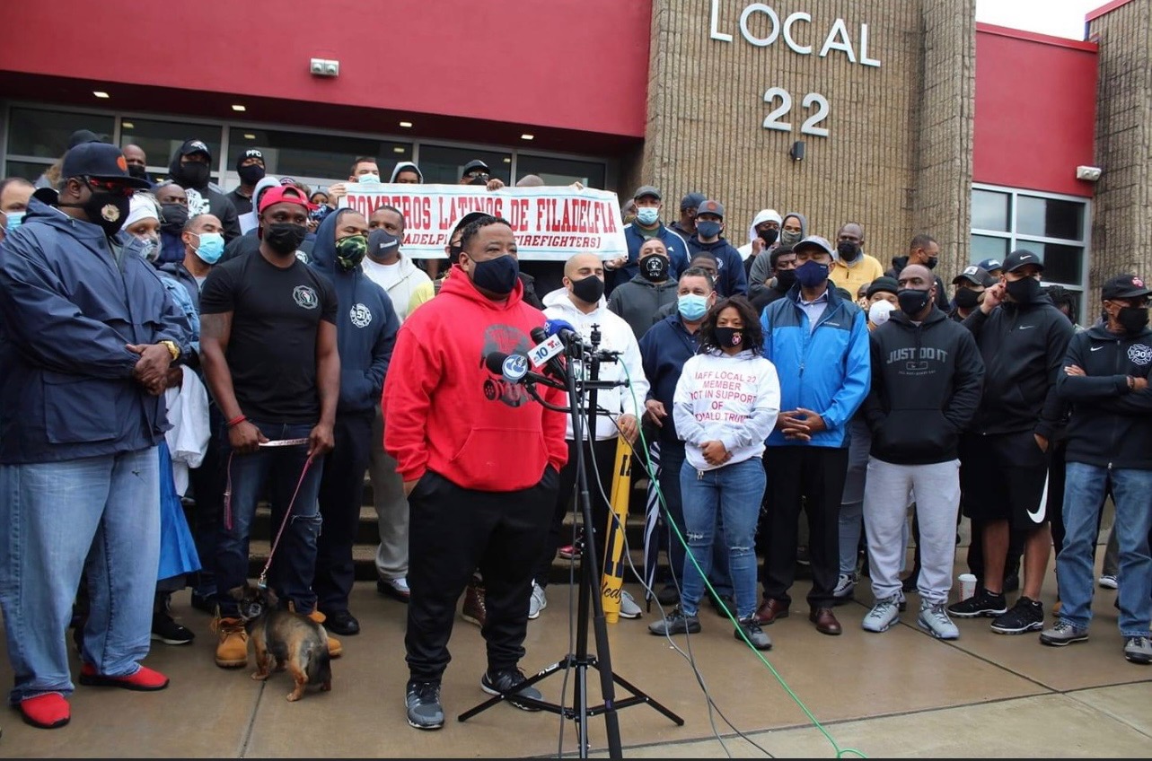 SAPFA members gathered outside IAFF Local 22 for a press conference