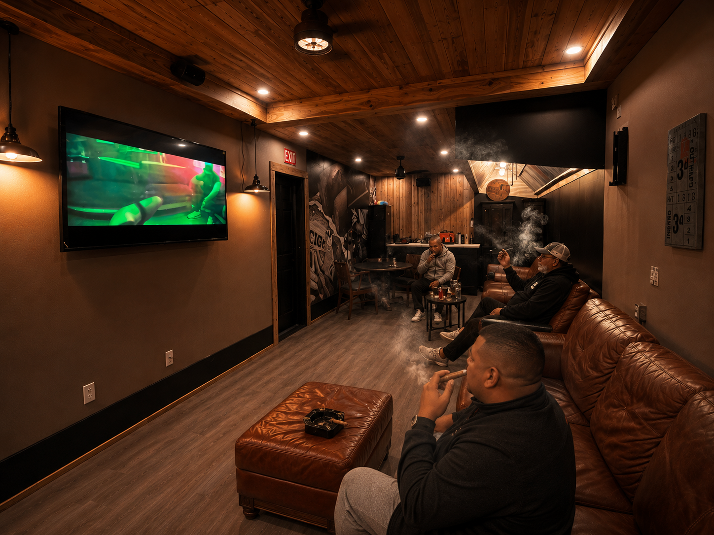 SAPFA Lounge — leather sofas, projector screen, and cigar-friendly atmosphere
